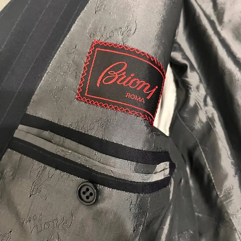 Brioni Roma Wool Blazer Mens 44R Navy Double Breasted Pinstripe Sport Coat FLAW
